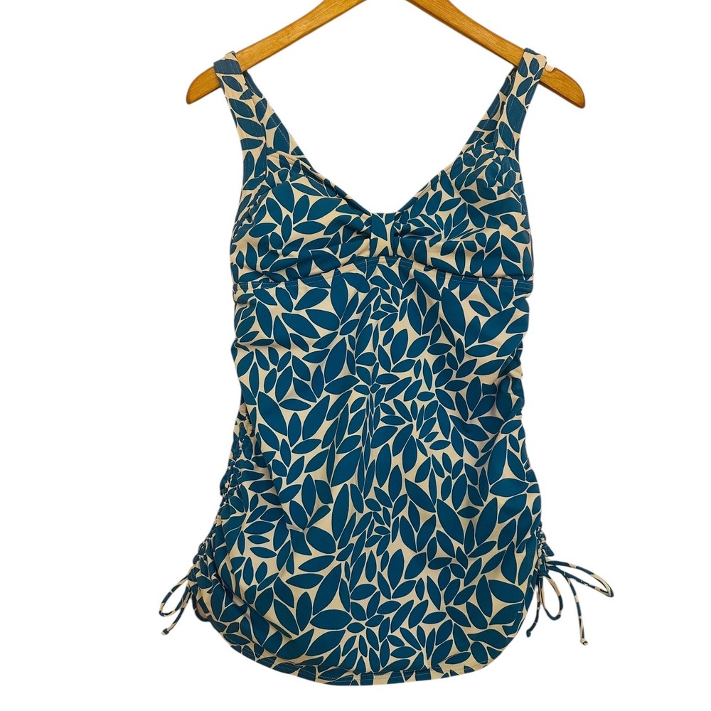 Lands End Womens‎ Blue White Leaf Print Ruched Tankini Swim Top Only Sz 8L Tall
